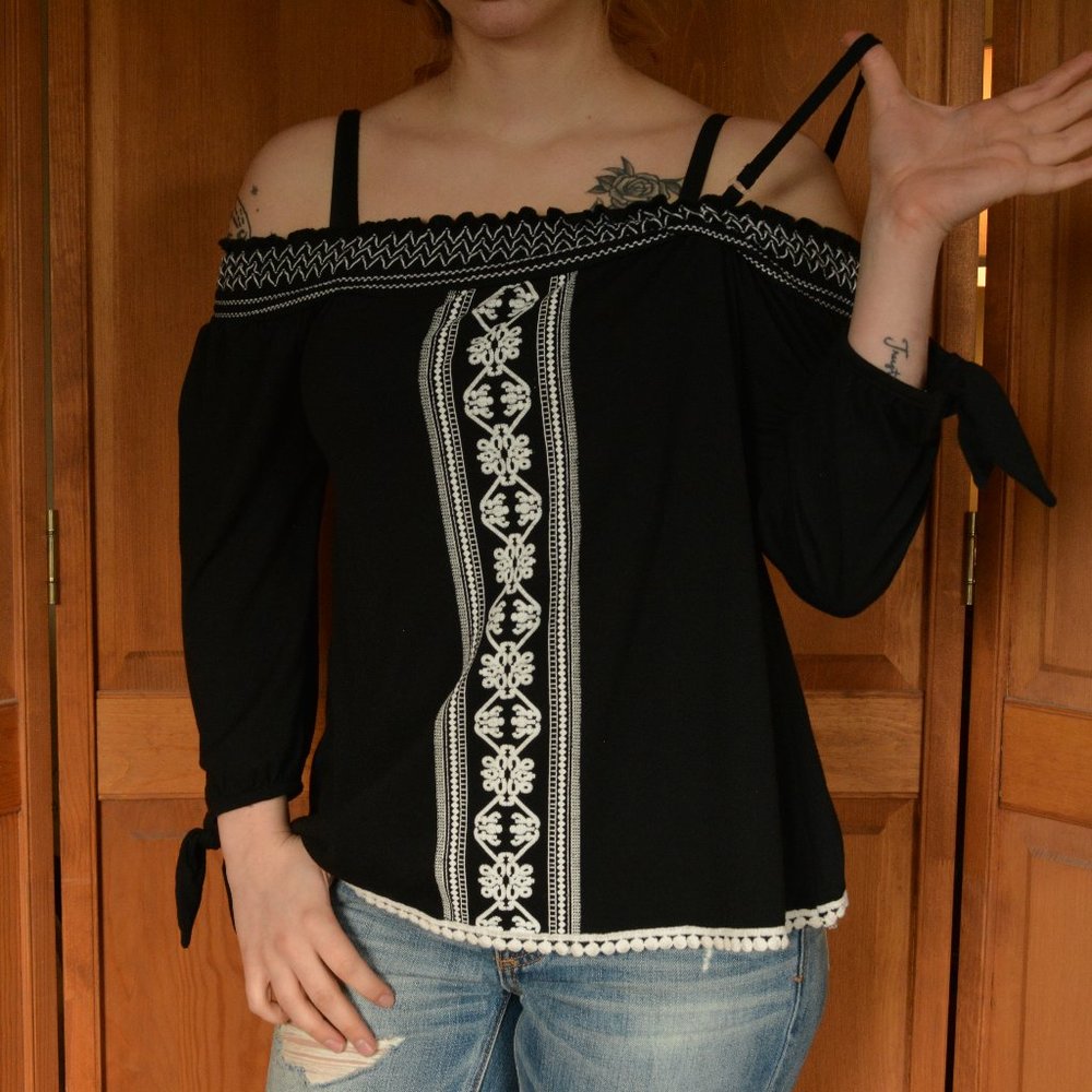 Black Tribal Off-The-Shoulder Top with Straps